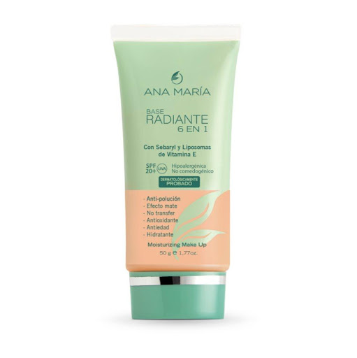 BASE ANA MARIA RADIANTE 6 EN 1 MEDIO ENVASE X 50 G ANA MARIA ENVASE x 1 UND Base ligera de alto cubrimiento, con efecto mate natural, contiene Sebaryl FL y Liposomas de Vitamina E que ayudan a controlar el brillo en la piel. Fórmula hipoalergénica, de alta tolerancia.