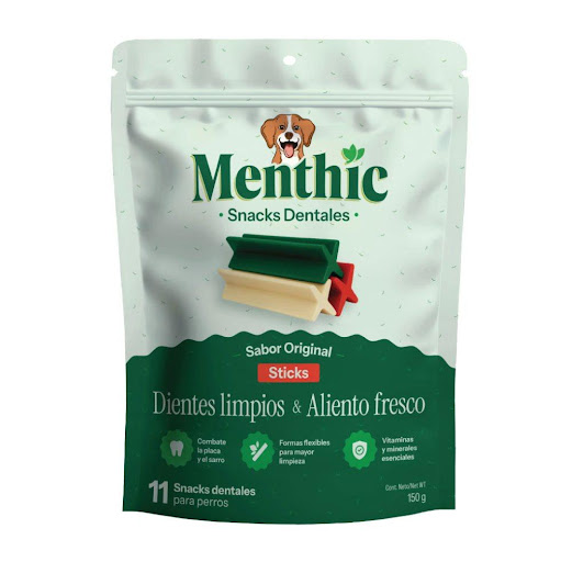Menthic Sticks 11 unidades, 150 gramos. Menthic Bolsa x 11 Ingredientes naturales — menta y perejil que eliminan el sarro, refrescan el aliento y protegen las encías de manera segura.

Diseño inteligente en forma de stick — llega fácilmente a las zonas difíci