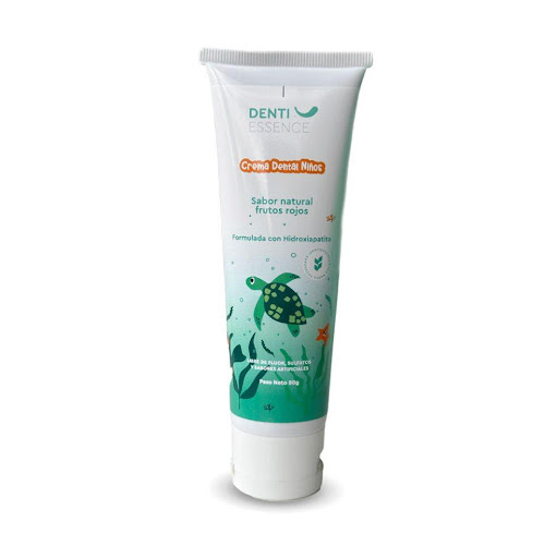 CREMA DENTAL NIÑOS DENTI ESSENCE Tubo x 80 gr Elaborada con  Hidroxiapatita y extractos naturales. El sabor es natural,  polvo secado por aspersión de  fresa, mora y cereza.   Libre de flúor, sabores artificiales y sulfatos. Uso a partir de la er