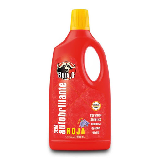 Cera Frasco Búfalo Autobrillante Roja X 1000 Ml BÚFALO Frasco x 1 Und Proporciona brillo instantáneo y protección a pisos de mármol, granito, cerámica, caucho, vinilo, baldosas, mármol y ladrillo en una sola acción. Seca rápidamente y forma una película resistente a las