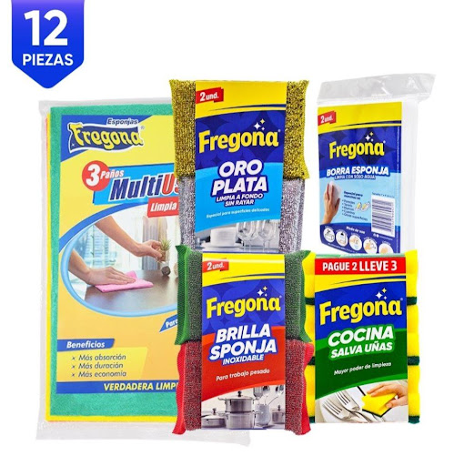 KIT ESPONJAS FREGONA X 5 (12PIEZAS) Esponjas Fregona KIT x 1 Incluye 5 referencias y en total 12 piezas. Esponjas para limpieza fuerte (Brillasponja x2) limpieza media  (Oroplata x2, Cocina x3, Paño Multiusos x3, BorraSponja quita manchas sin detergente (BorraS