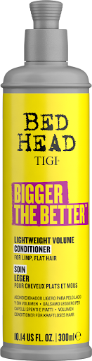 Acondicionador Voluminizador BH Bigger The Better 300 ml TIGI Caja x 1 Aporta cuerpo y volumen sin peso. Su textura ligera desenreda fácilmente y deja el cabello con más movimiento, suavidad y una sensación de frescura, ideal para cabellos finos o sin vida.