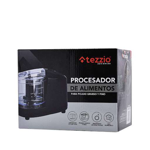 Tezzio Procesador de Alimentos Picatodo Tezzio Caja x 1 Utiliza el picador eléctrico con frutas, frutos secos y hierbas o úsalo como un picador de carne o cortador de verduras. Prepara tu carne y verduras listas para añadir directamente a sopas, pasteles o