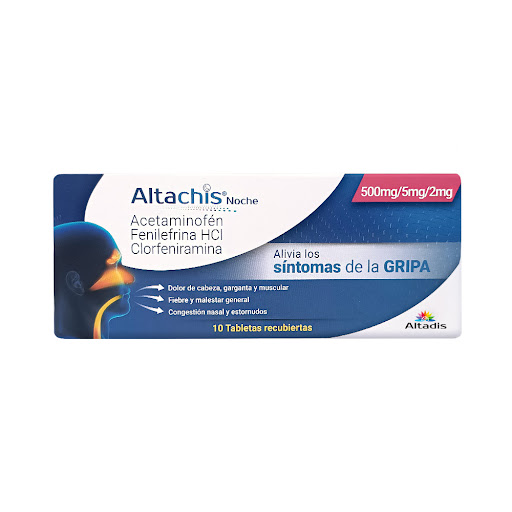 Altachis Noche Acetaminofén 500 mg/Fenilefrina HCl 5 mg/Clorfeniramina Maleato 2 mg Altadis Caja x 10 Tabletas