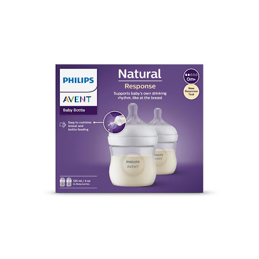 Biberón Philips AVENT Natural Response para bebés 125ml/4 oz con flujo 2 (tetina 0 m+) con válvula anticólicos, 2 pzs, SCY900/02 Avent Caja x 4 Set de 2 teteros Natural 3.0 de 4 oz con tetina que imita el pecho materno, sistema anticólicos y material seguro para una alimentación cómoda y natural.