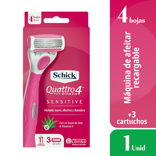 Máquina De Afeitar Recargable Schick Quattro 4 Mujer Piel Sensible + 2 Repuestos