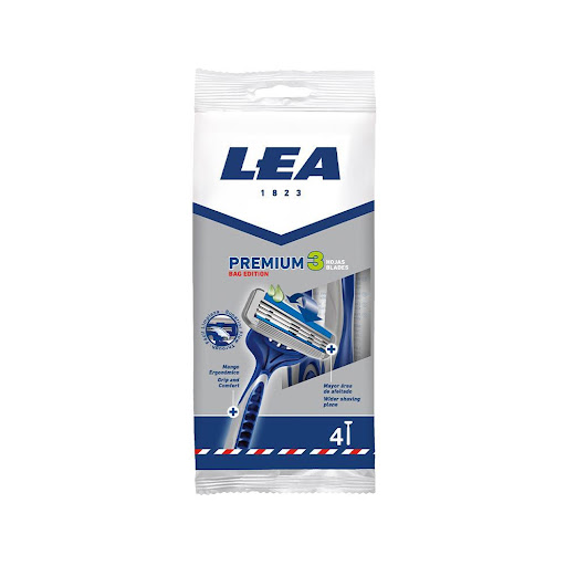 LEA Máquina de Afeitar Premium 3 Hojas Edición Especial LEA Frasco x 1 Maquinilla triple hoja, con banda lubrificada con Aceite de Argán, Aloe Vera y Vitamina E y cabezal basculante que se adapta al contorno de la cara, para un afeitado perfecto. Mango ergonómico antides