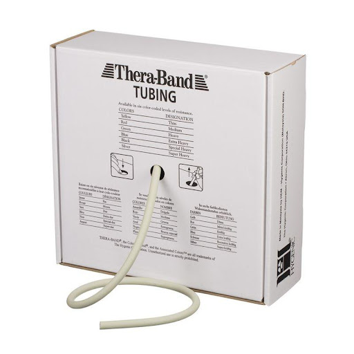 Thera-Tubing Silver Rollo Theraband UN x 3000 Tubo de resistencia nivel muy alto, elaborado en látex, ideal para entrenamientos intensivos, rehabilitación avanzada y programas exigentes de fortalecimiento físico. Su presentación en rollo permite 