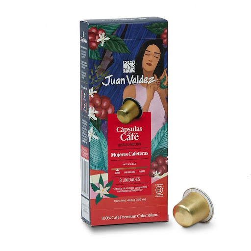 Cápsulas de Café Juan Valdez Mujeres Cafeteras x8 Unidades Juan Valdez bolsa x 8 Las cápsulas compatibles Juan Valdez Mujeres Cafeteras brindan una bebida de intensidad suave, armoniosa, de acidez cítrica vibrante, con potentes notas de mora silvestre y retrogusto especiado.  Cara