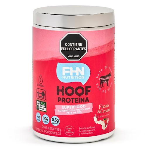 proteina HOOF POWDER  FRESAS&CREAM, 552 gr FHN NUTRITION 552 gr x 1 Proteína | Hoof Powder  es un superalimento funcional, ideal para quienes desean aliviar dolores articulares y al mismo tiempo aumentar su masa muscular de forma natural.