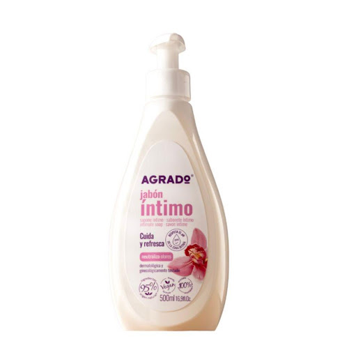 Jabón Íntimo pg balanceado  Agrado 500ML AGRADO  BOTELLA CON DISPENSADOR  x 1 Cuida tu higiene íntima todos los días con el Jabón Íntimo Agrado con Extracto de Árbol de Té. Su fórmula ha sido desarrollada para la limpieza diaria de la zona íntima femenina, respetando el pH fisi