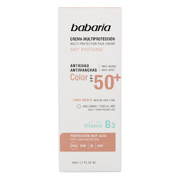 Crema Facial Babaria Multiprotección Solar Vitamina B3 Con Color SPF 50+ x 50 ml  
