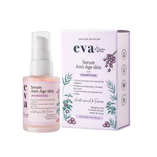 Sérum antiedad x 30 ml El Jardín de Eva frasco x 1 El Anti Age Skin combina betaglucanos + postbióticos + aceite de cacay + extracto de açaí, creando un tratamiento que estimula la firmeza y mejora la elasticidad.Trabaja desde la estructura, no solo d