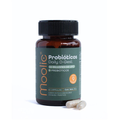 Probióticos 50 Billones Con Prebióticos 60 Cápsulas Daily D-gest  Moolic Tarro x 30 Gr Probióticos con prebióticos Daily D-Gest Moolic 60 cápsulas con 50 billones UFC y 9 cepas activas. Equilibra la microbiota, mejora la digestión, reduce hinchazón y fortalece el sistema inmune. Ideal p