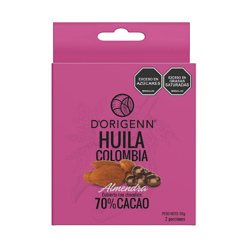 GRAGEA DORIGENN ALMENDRA 50 GRM D-ORIGENN CAJA x 1 Frutos secos deshidratados cubiertos con chocolate premium de origen. Chocolate elaborado con cacao de origen fino y único de las regiones productoras de Colombia.