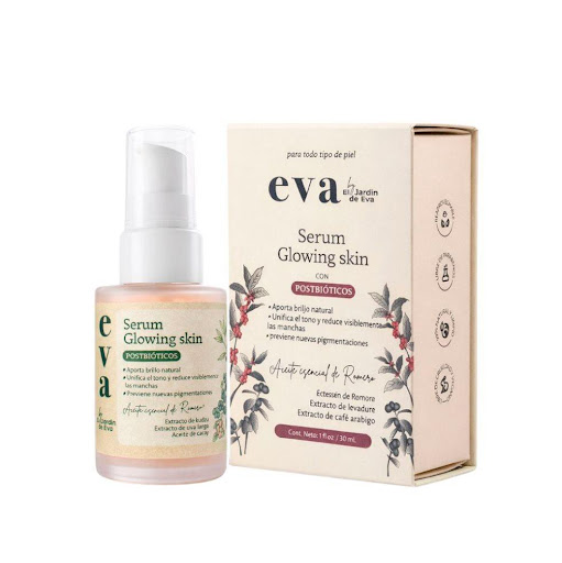 Sérum Piel Luminosa x 30 ml El Jardín de Eva frasco x 1 El Serum Glowing Skin está formulado con postbióticos (extracto de levadura) y aceite de cacay para ayudar a devolverle a la piel su luminosidad natural. Actúa fortaleciendo el equilibrio del microbio