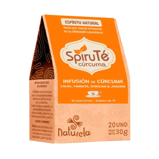 Spirute Curcuma Naturela x 30 gr Naturela Caja x 30 gr El Spiruté Cúrcuma es una deliciosa bebida elaborada con cacao, cúrcuma, jengibre, spirulina y pimienta, ingredientes naturales seleccionados por sus múltiples beneficios para la salud. Esta mezcla co