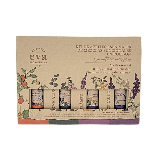 Kit de aceites esenciales Actívate, Enfócate, Relájate y Buenas Noches en roll-on x 10 ml c/u (4 und) El Jardín de Rva Roll-on x 4 Nuestro kit reúne mezclas funcionales de aceites esenciales 100% puros para cada momento del día: Enfócate (eucalipto, menta, tea tree) para claridad; Actívate (mandarina, limón, bergamota) para energ