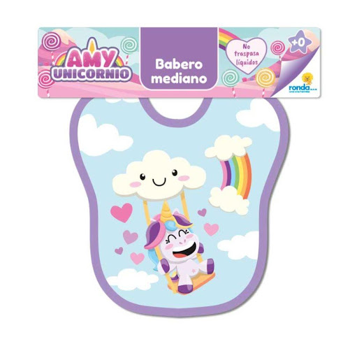 Babero Unicornio Mediano Ronda Ronda caja x 1 Hermoso babero multicolor estampado con un hermoso y divertido diseño, por un lado tela, por el otro un útil plástico para evitar que la ropa de los pequeños se ensucie.Medida: 27 cm * 36,5 cm