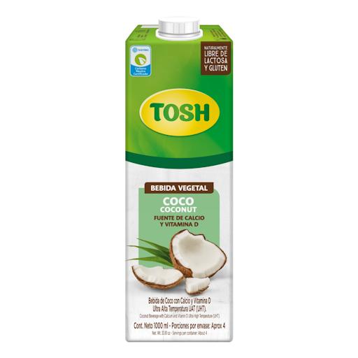 Bebida Vegetal Tosh Coco x 1 Lt Tosh Caja x 1 La bebida vegetal Tosh de Coco es una increible alternativa láctea saludable, sin azúcar añadida, libre de lactosa y gluten. Con un sabor exótico y refrescante, está bebida, se encuentra enriquecida c