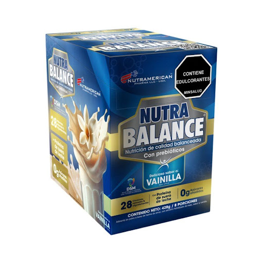 Nutra Balance Vainilla 400 g NUTRAMERICANPHARMA Caja x 400 g (8 sachets x 50 g) Nutra Balance, Complemento nutricional en polvo con proteína de suero, carbohidratos, grasas saludables y 28 vitaminas y minerales de alta calidad (DSM), sin azúcares añadidos.