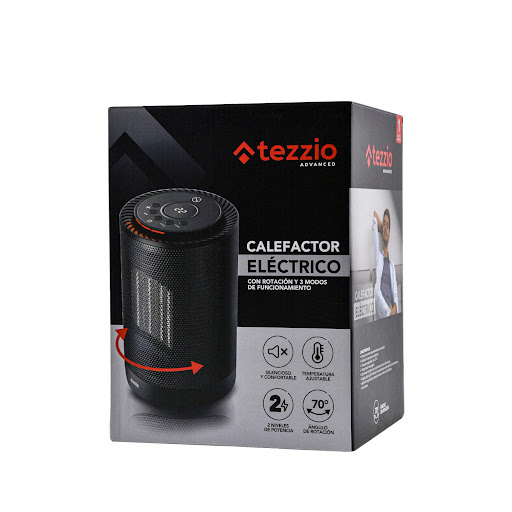 Calefactor y Ventilador con Rotación Tezzio Tezzio Caja x 1 Mini calefactor eléctrico ideal para escritorios, mesas de noche u otros espacios reducidos. Diseño compacto, silencioso y seguro, con protección contra sobrecalentamiento y antivuelco. Ofrece tres mo