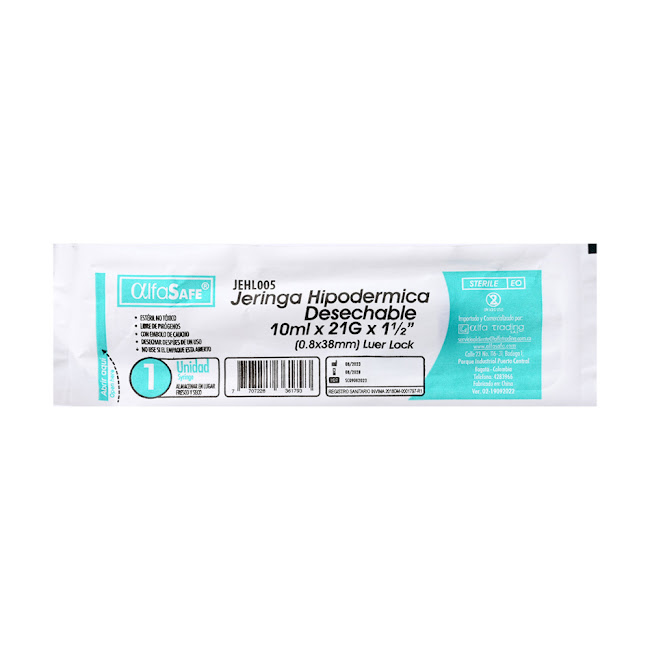 Jeringa Hipodérmica Alfasafe 10ml x 21g x 1und  