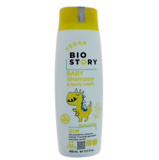 Shampoo Vegan Manzanilla Bio Story 400 x ML Bio Story es un Shampoo & body wash que limpia directamente el cabello y el cuerpo y hace de la hora del baño un momento de confort y placer. Su suave fórmula con Manzanilla, Aloe Vera y Caléndula org