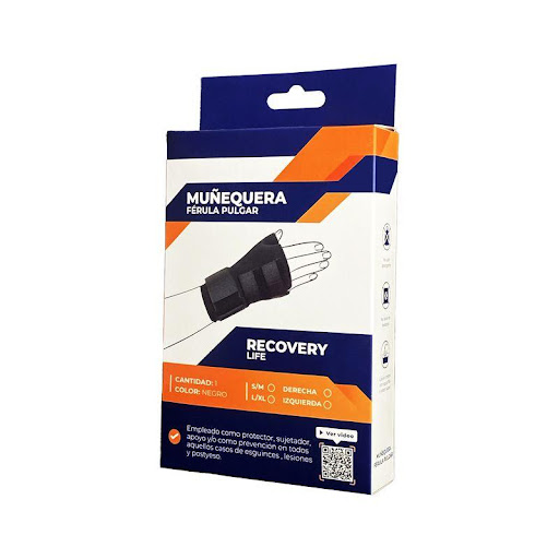 Muñequera Recovery Life Pulgar Derecho S M RECOVERY LIFE Individual x 1 La muñequera con férula en el pulgar se utiliza para tratar las siguientes patologías: Tendinitis, secuelas dolorosas de lesiones inflamatorias, inestabilidad en las articulaciones carpometacarpianas,