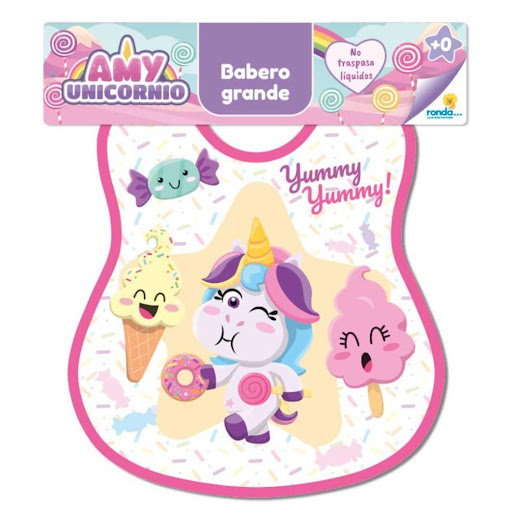 Babero Unicornio Grande Ronda Ronda caja x 1 Hermoso babero multicolor estampado con un hermoso y divertido diseño, por un lado tela, por el otro un útil plástico para evitar que la ropa de los pequeños se ensucie.Medida: 34,8 cm * 38,2 cm