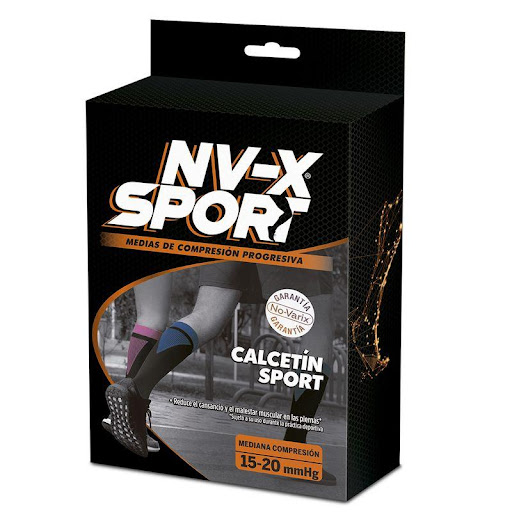 Media de compresión deportiva unisex 15-20 mmHg NV-X Sport black/fucsia L No- Varix 0 x 1 Las medias deportivas NV-X� Sport de mediana compresión 15-20 mmHg ofrece compresión progresiva para minimizar el movimiento muscular durante el ejercicio; recomendadas para usar antes, durante y desp