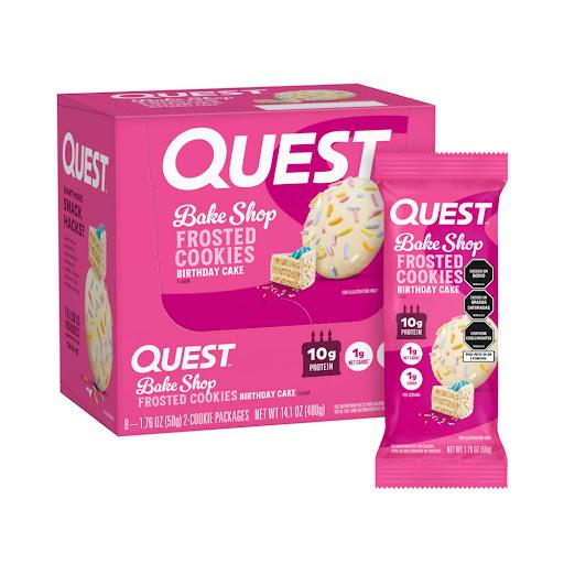 galleta glaseada trota de cumpleaños QUEST NUTRITION bolsa x 1 galleta glaseada quest con sabor a torta de CUMPLEAÑOS, suave y cubierta con glaseada, con 11 gr de proteina, bajo en azucar y solo 1 gr de carbohidratos netos. Ideal apra disfrutar un sabor dulce tip