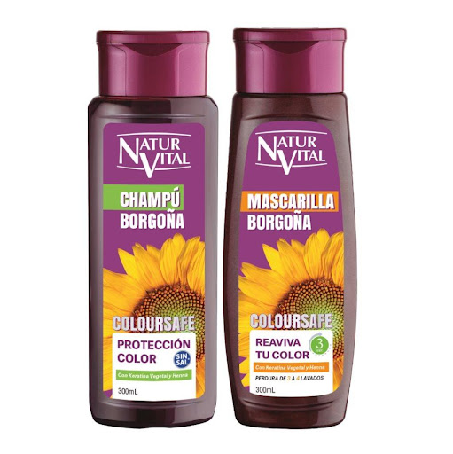 Kit Naturvital Borgoña – Coloursafe NATURVITAL Frasco x 2 Und Línea capilar ideal para cabellos naturales o teñidos.

Champú: Nueva fórmula de triple acción, con extracto natural de Semilla de Girasol, Aloe Vera, Henna y Keratina Vegetal.

Mascarilla: Aporta col