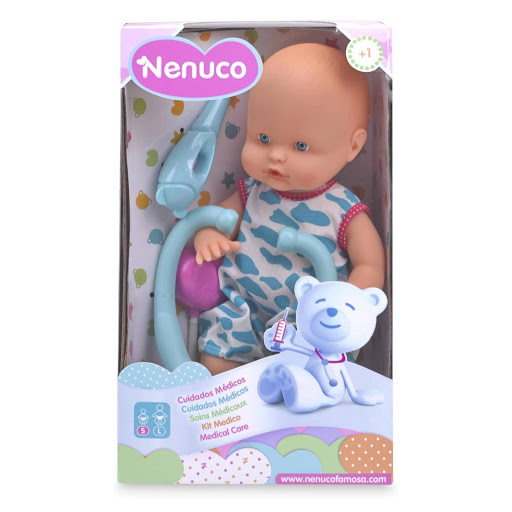 Nenuco Care Azul Muñeco Bebé con Accesorios Médicos y de Alimentación 35 cm Nenuco Caja x 1 Cuida de tu bebé con Nenuco Care. Este completo set incluye un muñeco bebé de 35 cm con cuerpo duro y dos versiones de accesorios para todas las rutinas diarias. Puedes elegir entre el Nenuco con acce