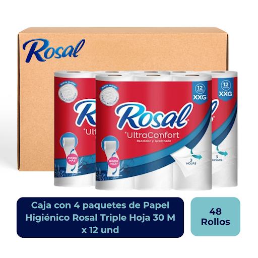 Papel Higiénico Rosal Triple Hoja 30 M x 12 und Farmatodo Caja x 4 Papel higiénico Rosal XXG triple hoja 30 metros x 12 rollos Rosal XXG es la elección perfecta para quienes buscan calidad y confort en cada hoja.
