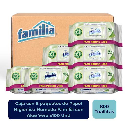 Papel Higiénico Húmedo Familia con Aloe Vera x100 Und Farmatodo Caja x 8 Con una nueva tela amigable con el medio ambiente: libre de plástico y biodegradable. Contiene Aloe Vera: que cuida y acondiciona tu piel. Complemento ideal para tu limpieza, con una fragancia fresca.