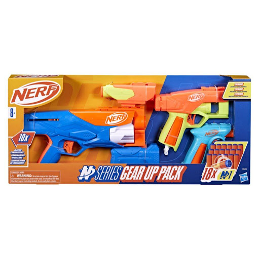 Lanzador Nerf N Series Gear Up Pack Nerf  x 1 Es un set versátil que incluye tres lanzadores diferentes y dos accesorios para crear hasta 10 estilos distintos de lanzador. Este pack incluye 18 dardos Nerf N1, ofreciendo precisión, velocidad y ren