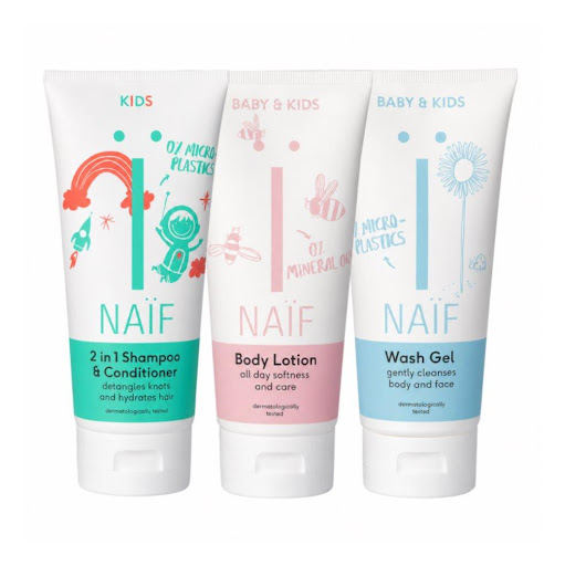 Combo Champú 2 en 1 x 200ml, Body Lotion x 200ml y gel de baño x 200ml Naïf Tubo x 200ml