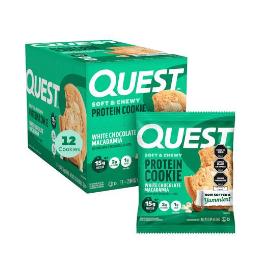 galleta de proteina chocolate blanco macadamia QUEST NUTRITION bolsa x 1 galleta quest CHOCOLATE BLANCO MACADAMIA con 15 g de proteina, suave y deliciosa, baja en azucar y carbohidratos netos. Ideal para calmar antojos mientras cuidas tu nutricion