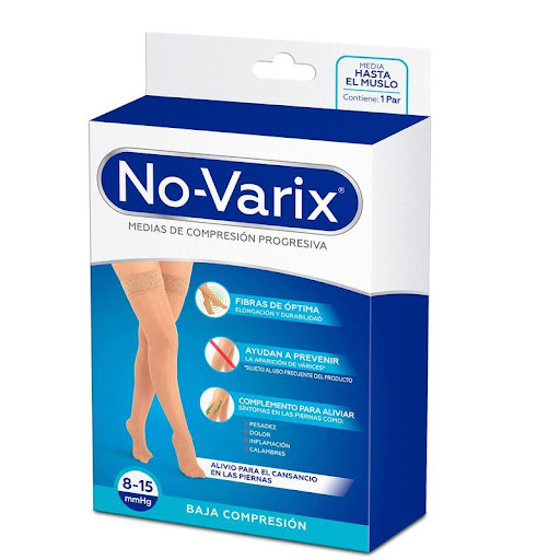 Media al muslo No-Varix 8-15 mmHg  transparente banda siliconada beige L No- Varix  x 1 Estas medias son ideales para combinar con prendas ejecutivas y formales, son estéticas y elegantes, con apariencia velada y transparente. Ideales para usar si realizas labores donde permaneces mucho 