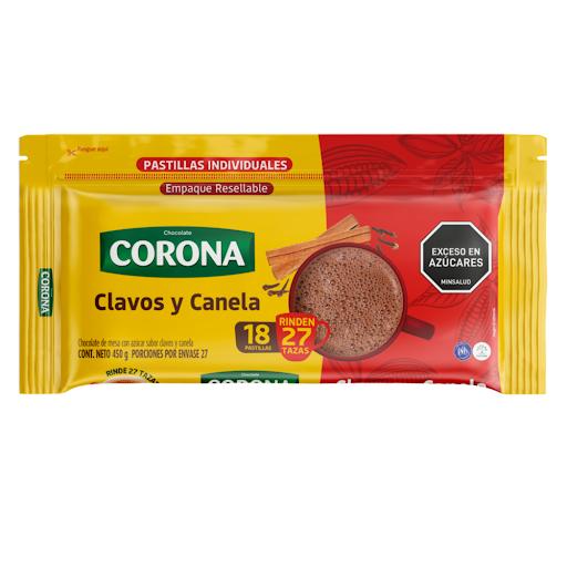 Chocolate Corona Clavo y Canela x 18 pastillas x 450 gr Corona Bolsa x 1 El Chocolate Corona sabor Clavos y Canela, permite disfrutar de una  taza de chocolate espumosa y con el con el mejor sabor. alrededor de las historias, el cariño y los buenos momentos.