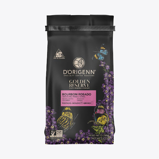CAFE ORIGEN GOLDEN RESERVE ROSADO  X 250G MOLIDO D-ORIGENN BOLSA x 1 El Bourbon Rosado es una variedad de café arábica reconocida por su dulzura y acidez brillante. En taza ofrece notas florales y frutales, especialmente frutos rojos, con cuerpo medio y perfil elegante