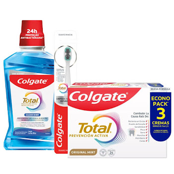 Combo Colgate Total Crema Dental Original Mint x 3 und + Cepillo Dental x 1 und + Enjuague Bucal Clean Mint x 500 ml  