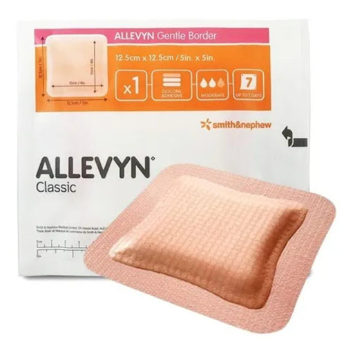 ALLEVYN CLASSIC GENTLE BORDER 12.5X12.5 CM SMITH Smith & Nephew PAQUETE x 1 Apósito avanzado de espuma diseñado para la gestión de heridas, con un borde suave que ofrece mayor comodidad y adhesión sin dañar la piel. Su diseño trilaminar incluye una capa hidrocelular absorbent