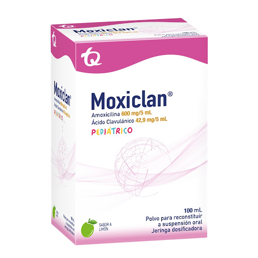 Moxiclan Pediátrico Amoxicilina 600mg/5ml +Acido Clavulánico 42,9mg/5ml TQ Sabor Limón Frasco x 100ml  