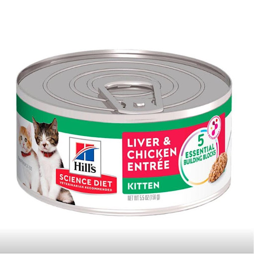 LATA HILLS F KITTEN 5.5 OZ Hills Lata x 1 A tu gatito le encantará el sabor de la comida para gatos Science Diet Kitten Liver & Chicken Entrée con su textura suave y tersa. Cuidadosamente formulado para las necesidades de desarrollo de los ga