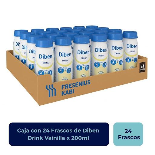 Diben Drink Vainilla Frasco x 200ml Fresenius Fresenius Caja x 24 Alimento líquido para propósito médico especial, polimérico para alimentación vía oral o por sonda. Fórmula hipercalórica e hiperproteica, a base de proteína de alto valor biológico con fibra, vitamin