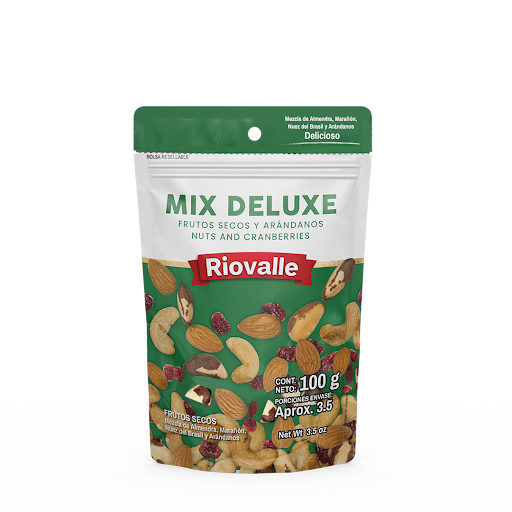 Mix Deluxe Frutos Secos Riovalle Megamarket Bolsas Doypack x 1 Mix Deluxe Frutos Secos RIOVALLE X 100 Gr, combinación premium de nueces seleccionadas, crocantes y listas para consumir. Snack práctico y energético, ideal para cualquier momento del día. Perfecto pa