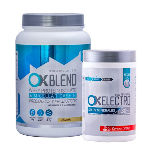 Combo Proteina Hidratante Ox Blend Vainilla +Ox Electro Cereza Limon Combo Proteina Hidratante Ox Blend Vainilla +Ox Electro Sandia Limon Envase Plástico  x 2 Proteína Ox Blend 
Recuperación rápida y efectiva
27 g de proteína (90 % whey isolate + caseína) + 4,7 g de BCAAs → repara microdesgarros, acelera la regeneración muscular y te prepara para volver a e