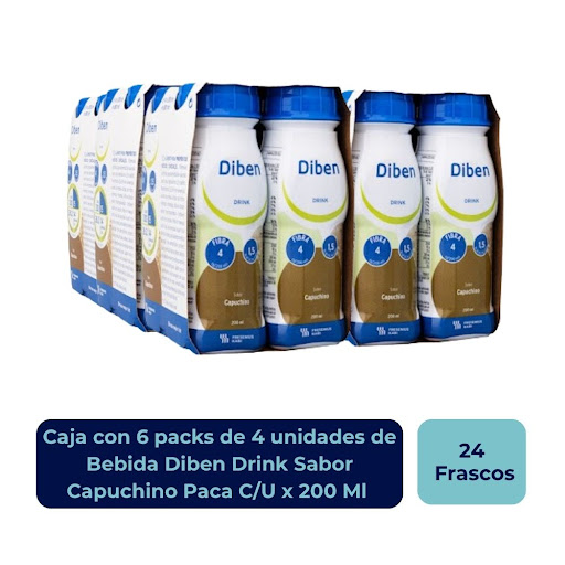Bebida Diben Drink Sabor Capuchino Paca x4Uni cada una x200 Ml Fresenius Kabi Fresenius Caja x 6 Alimento líquido para propósito médico especial, polimérico para alimentación vía oral o por sonda. Fórmula hipercalórica e hiperproteica, a base de proteína de alto valor biológico con fibra, vitamin
